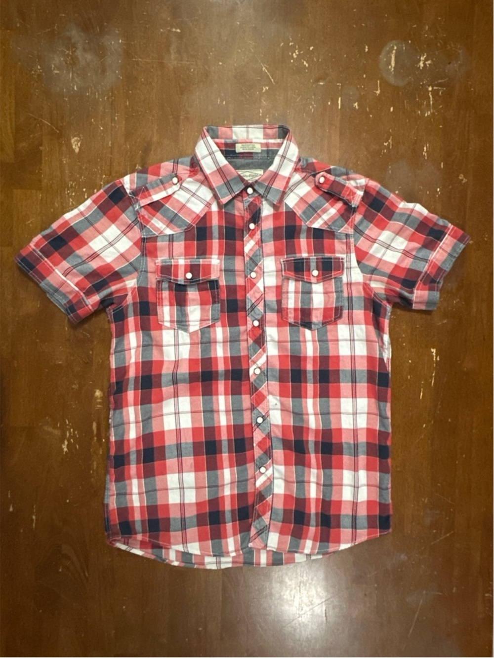 Eighty Eight Red, Navy & White Plaid Short Sleeve Button-Up